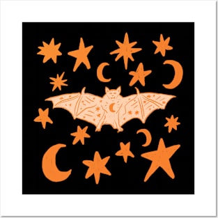 Mystical Bat with Moons and Stars, Orange Posters and Art